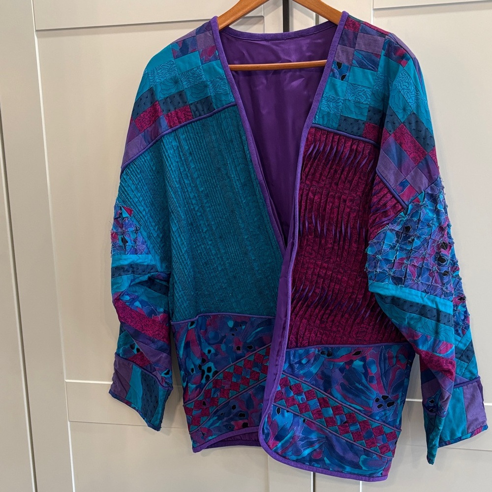 Boho Patchwork Open-Front Women's Sweater Jacket in Teal & Purple